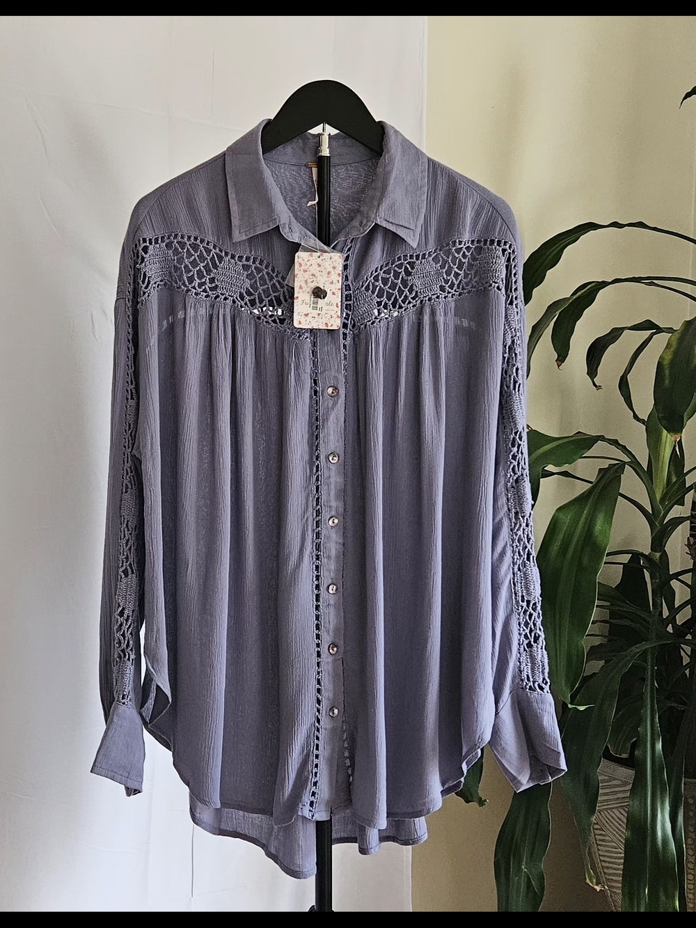 NWT Free People Blue Crochet Inset Button Down Gauze Blouse Boho Top Size S - Picture 3 of 14